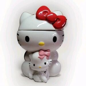 NEW Hello Kitty Red Bow Ceramic Cookie Jar Baby Kitten Pink Bow Blue Sky Sanrio